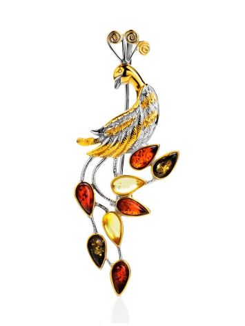 Multicolor Amber Brooch In Gold Plated Silver The Peacock, image , picture 3