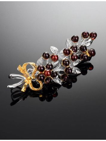 Sterling Silver Floral Brooch With Cherry Amber, image , picture 2