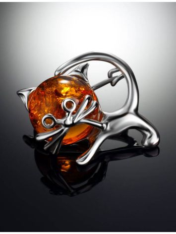 Silver Brooch With Cognac Amber The Kitten, image , picture 2