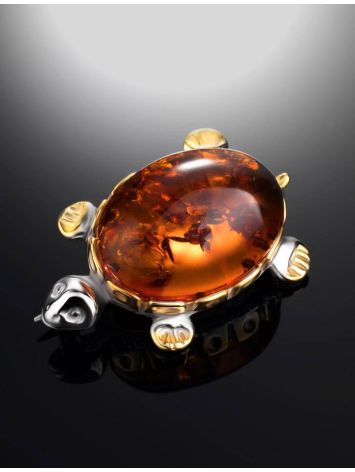 Cognac Amber Brooch In Gold Plated Silver The Turtle, image , picture 2