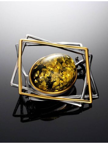 Geometric Gold-Plated Brooch With Green Amber, image , picture 2