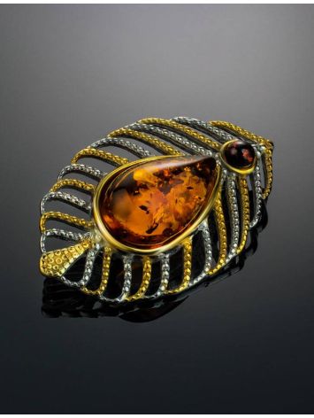 Bohemian Chic Amber Brooch In Gold Plated Silver The Peacock Feather, image , picture 2