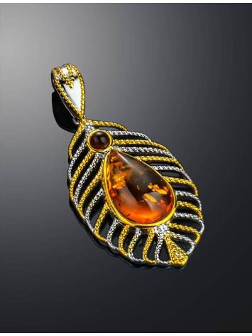 Bohemian Chic Amber Pendant Necklace In Gold-Plated Silver The Peacock Feather, image , picture 2