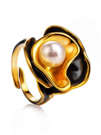 Bold Gold-Plated Ring With Cultured Pearl The Turandot, Ring Size: Adjustable, image 