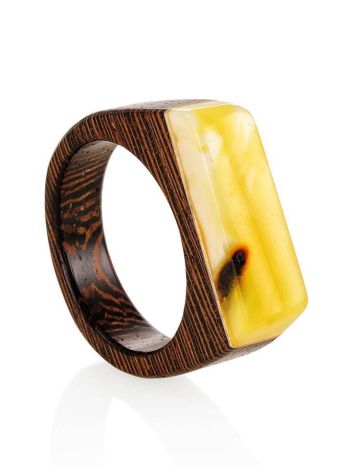 Handcrafted Wenge Wood Ring With Honey Amber The Indonesia, Ring Size: 10 / 20, image 