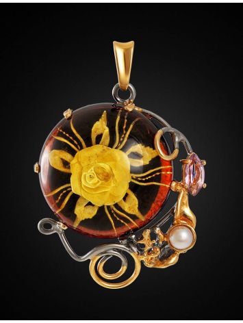 Cherry Amber Pendant In Gold-Plated Silver With Cultured Pearl And Crystals The Triumph, image , picture 3