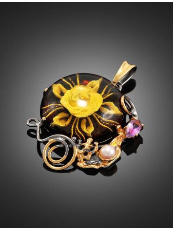 Cherry Amber Pendant In Gold-Plated Silver With Cultured Pearl And Crystals The Triumph, image , picture 2