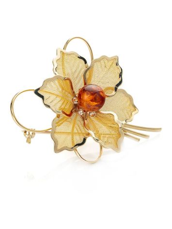 Gold Plated Floral Brooch With Cognac Amber The Beoluna, image , picture 3