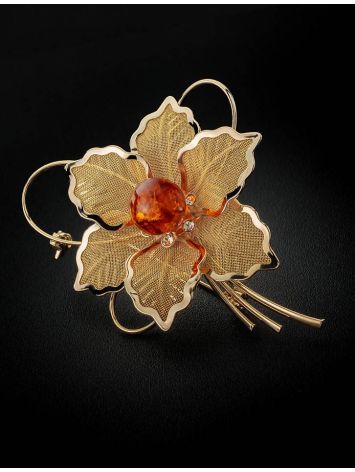 Gold Plated Floral Brooch With Cognac Amber The Beoluna, image , picture 2