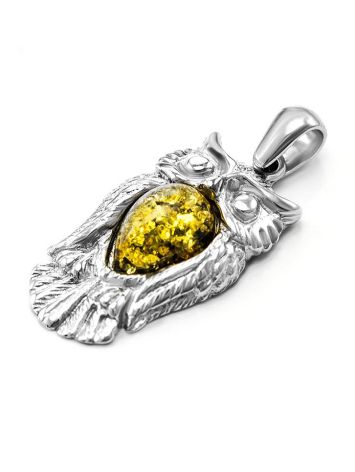 Silver Owl Pendant With Green Amber, image , picture 4
