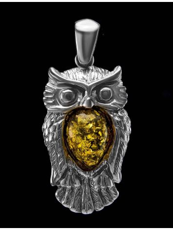 Silver Owl Pendant With Green Amber, image , picture 2