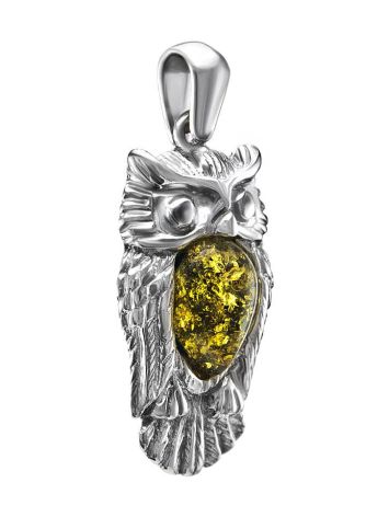 Silver Owl Pendant With Green Amber, image , picture 3