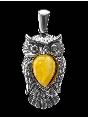 Sterling Silver Owl Pendant With Honey Amber, image , picture 2