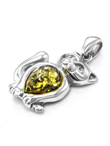 Silver Cat Pendant With Green Amber, image , picture 3