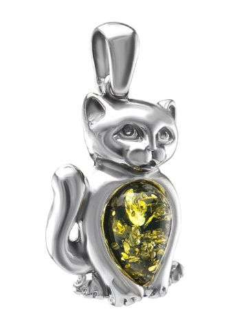 Silver Cat Pendant With Green Amber, image , picture 4