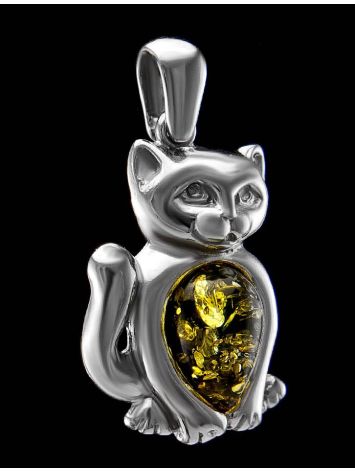 Silver Cat Pendant With Green Amber, image , picture 2