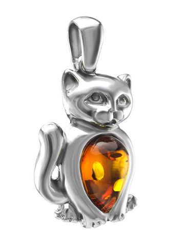 Silver Cat Pendant With Cognac Amber, image , picture 4
