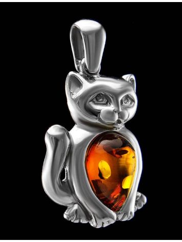 Silver Cat Pendant With Cognac Amber, image , picture 2