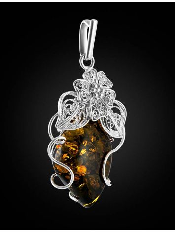 Exclusive Handcrafted Silver Pendant With Polished Green Amber Stone The Dew, image , picture 3