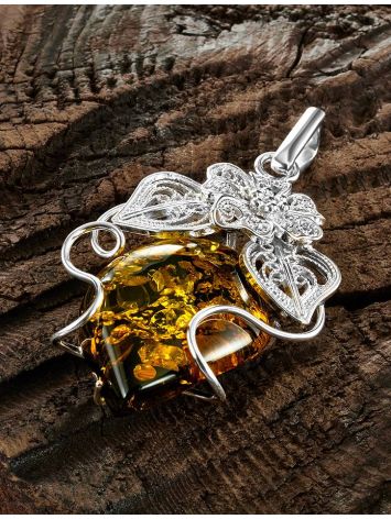 Exclusive Handcrafted Silver Pendant With Polished Green Amber Stone The Dew, image , picture 2