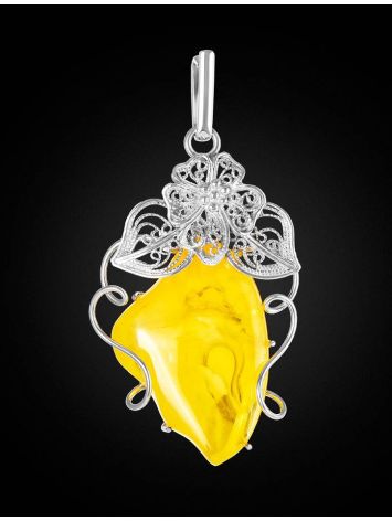 Exclusive Handcrafted Silver Pendant With Polished Natural Amber Stone The Dew, image , picture 2