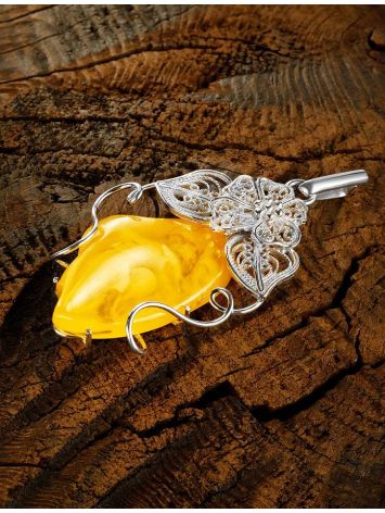 Exclusive Handcrafted Silver Pendant With Polished Natural Amber Stone The Dew, image , picture 3