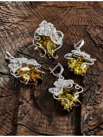 Exclusive Handcrafted Silver Pendant With Polished Green Amber Stone The Dew, image , picture 4
