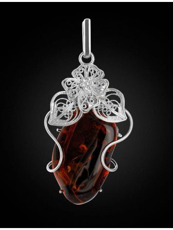 Exclusive Handcrafted Silver Pendant With Polished Natural Amber Stone The Dew, image , picture 3