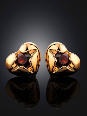 Heart Motif Gold Garnet Stud Earrings, image , picture 2