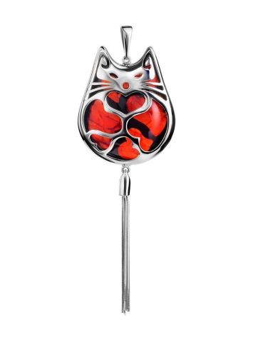 Cat Motif Silver Amber Pendant With Tassel, image 