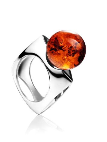 Futuristic Silver Ring With Cognac Amber The Jupiter, Ring Size: 4 / 15, image 