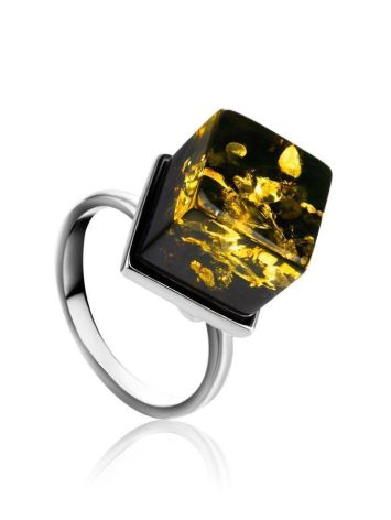 Adjustable Silver Ring With Square Cut Green Amber The Sugar, image 