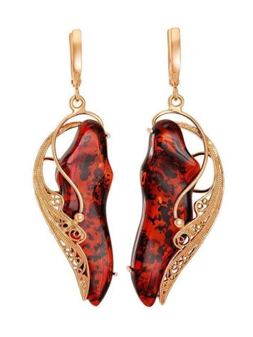 Bold Gold-Plated Earrings With Luminous Cherry Amber The Dew, image 