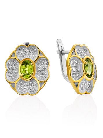 Four Petal Floral Design Silver Chrysolite Earrings, image 