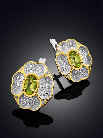 Four Petal Floral Design Silver Chrysolite Earrings, image , picture 2