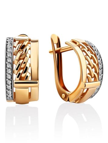 Trendy Chain Motif Gold Crystal Earrings, image 