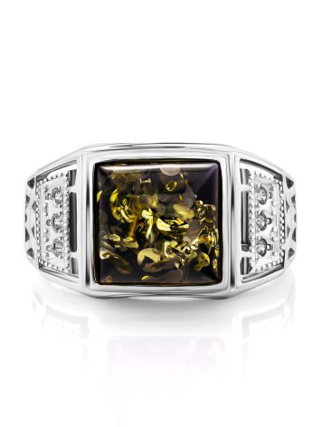 Square Silver Signet Ring With Green Amber The Cesar, Ring Size: 8.5 / 18.5, image , picture 3