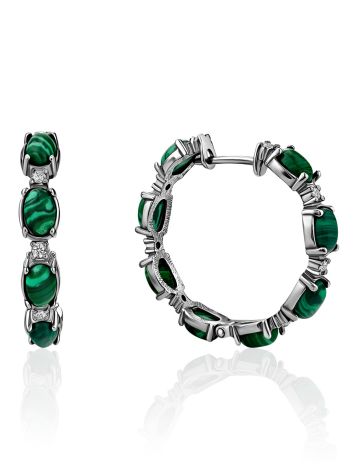 Gorgeous Silver Reconstituted Malachite Hoop Earrings With Crystals, image 