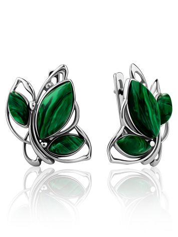 Leaf Motif Silver Reconstituted Malachite Earrings, image 
