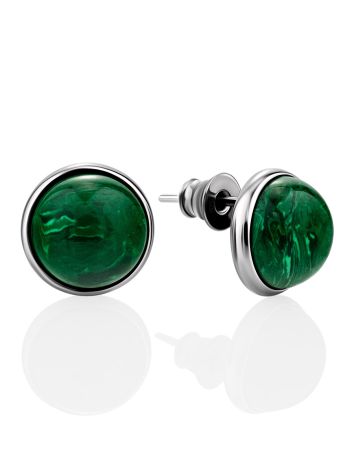 Bright Silver Reconstituted Malachite Stud Earrings, image 