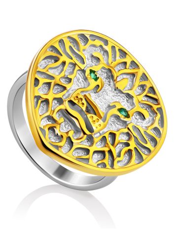 Lion Motif Silver Signet Ring With Green Crystals, Ring Size: 7 / 17.5, image , picture 3