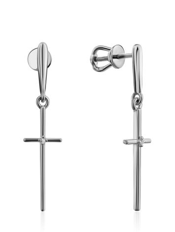 Cross Design Silver Crystal Dangle Earrings, image 