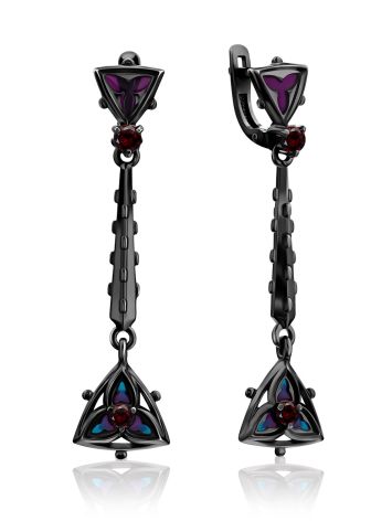 Blackened Silver Enamel Dangle Earrings With Garnet The Gothic, image 