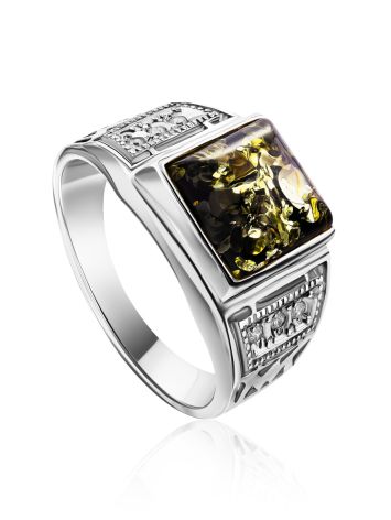 Square Silver Signet Ring With Green Amber The Cesar, Ring Size: 13 / 22, image 