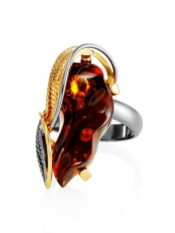Charming Handmade Cognac Amber Ring In Gold-Plated Silver The Dew, Ring Size: Adjustable, image , picture 3