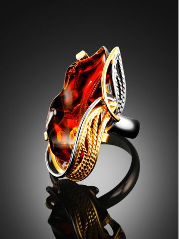Charming Handmade Cognac Amber Ring In Gold-Plated Silver The Dew, Ring Size: Adjustable, image , picture 2