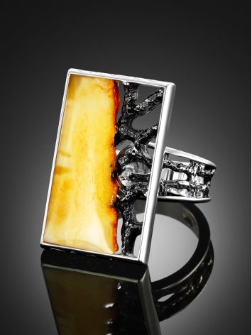 Geometric Silver Adjustable Ring With Cloudy Amber The Lava, Ring Size: Adjustable, image , picture 2