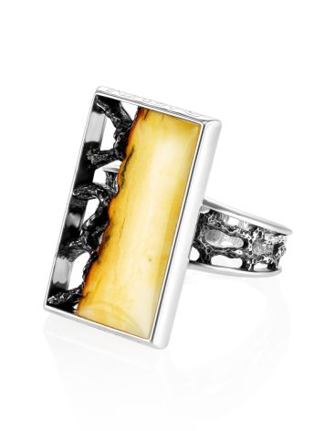 Bold Silver Adjustable Cocktail Ring With Cloudy Amber The Lava, Ring Size: Adjustable, image , picture 3