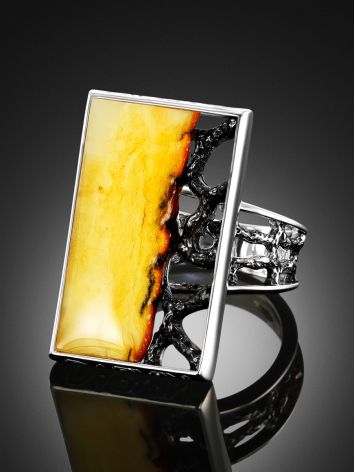 Bold Silver Adjustable Cocktail Ring With Cloudy Amber The Lava, Ring Size: Adjustable, image , picture 2