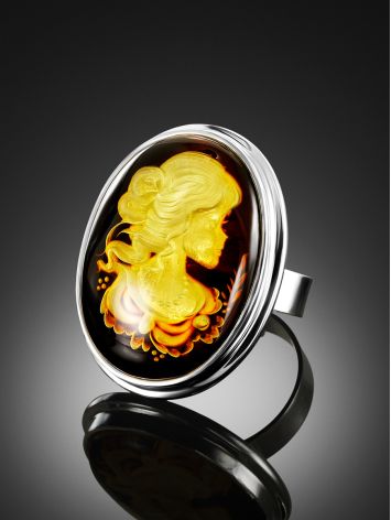 Lemon Amber Cameo Ring In Sterling Silver The Nymph, Ring Size: Adjustable, image , picture 2